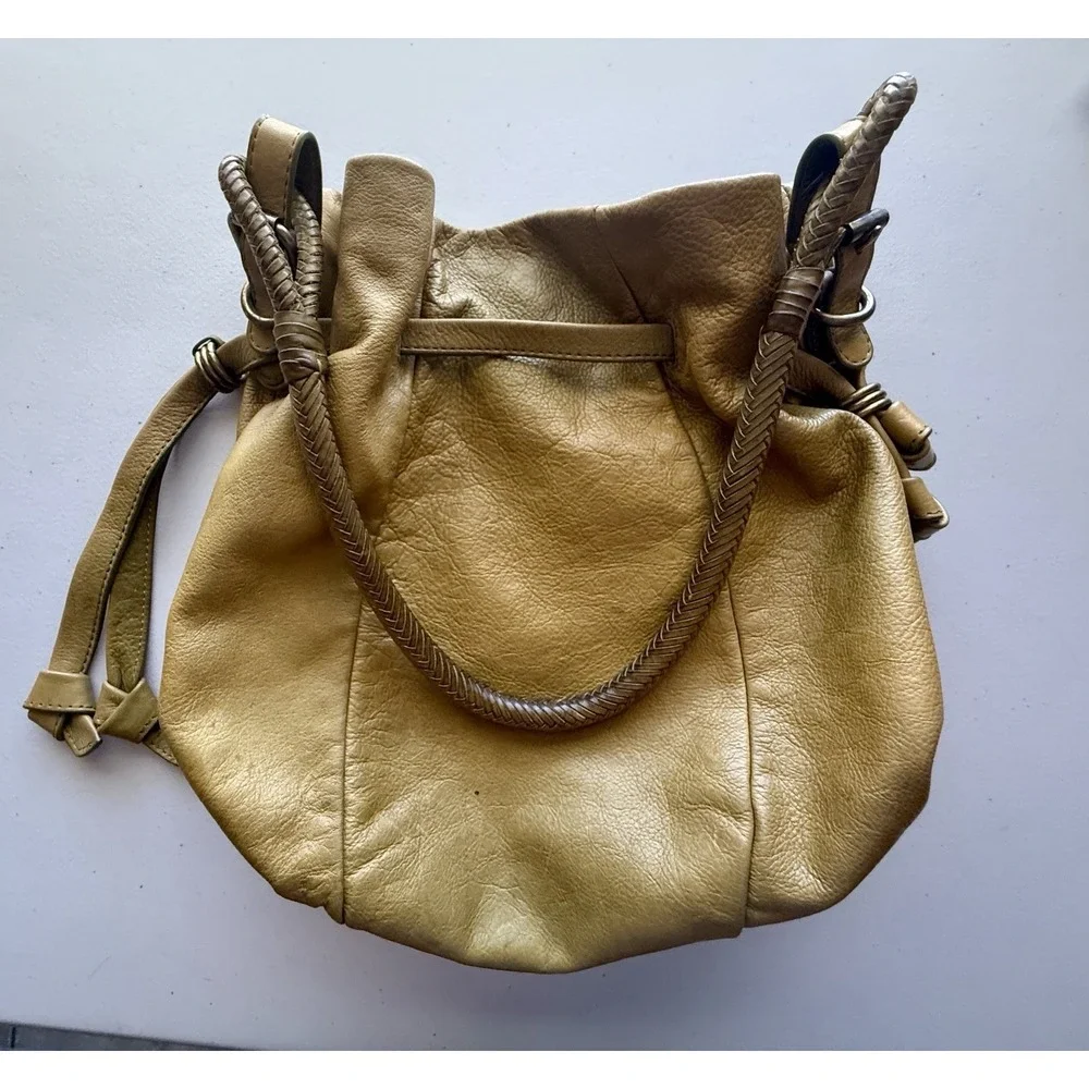 Elliott Lucca Olive Pebbled Soft Leather Hobo Shoulder Bag Woven Handle Boho